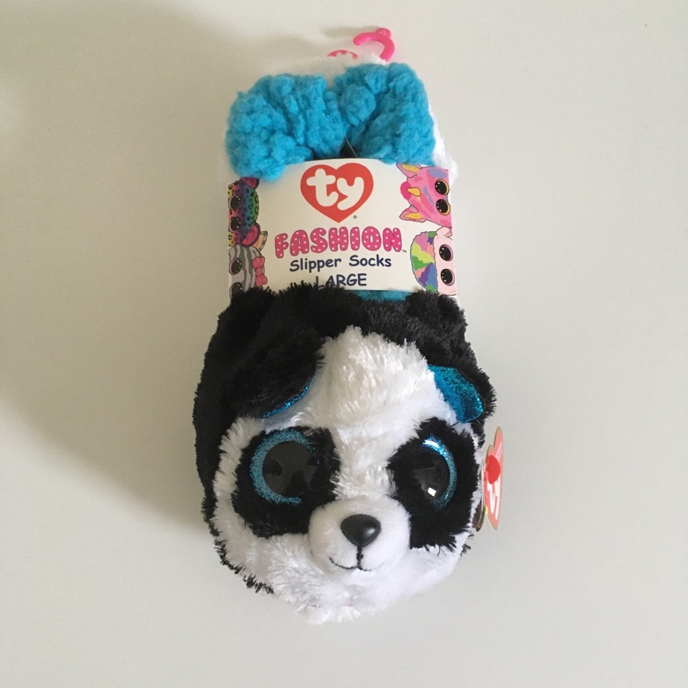 Ty Fashion Beanie Boos kids slipper socks panda black white size large 4-6 NWT